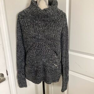 Love Women’s Black Grey Cable Knit Wide Turtleneck Crowl Sweater Pullover